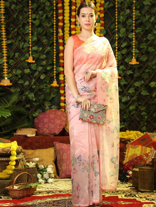 peach printed saree with blouse - 19529896 - Very Small Image - 1