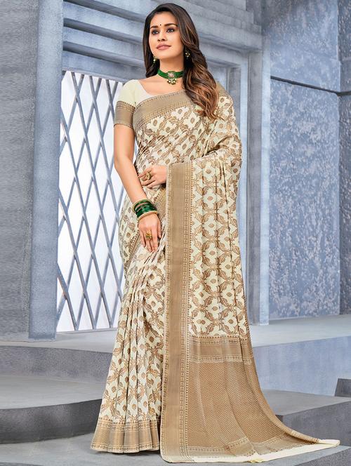 off white self design woven saree with blouse - 19529903 - Very Small Image - 1