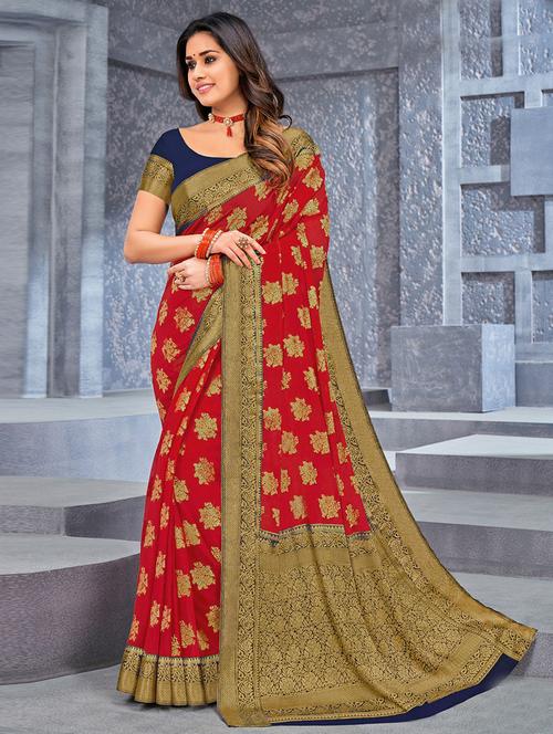 red self design woven saree with blouse - 19529905 - Very Small Image - 1