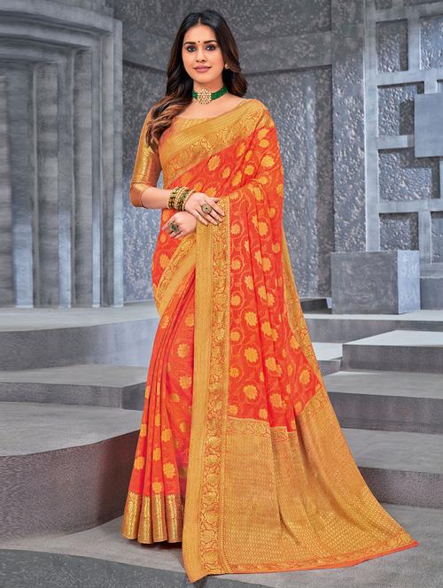 orange self design woven saree with blouse - 19529908 - Very Small Image - 1
