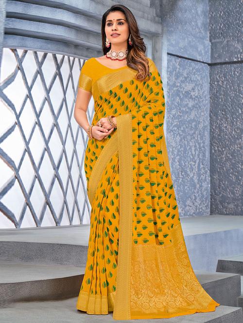 yellow self design woven saree with blouse - 19529909 - Very Small Image - 1