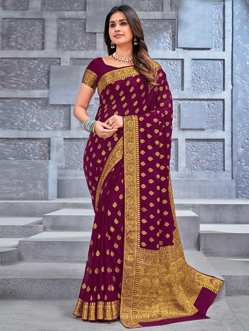 purple self design woven saree with blouse - 19529916 - Very Small Image - 1