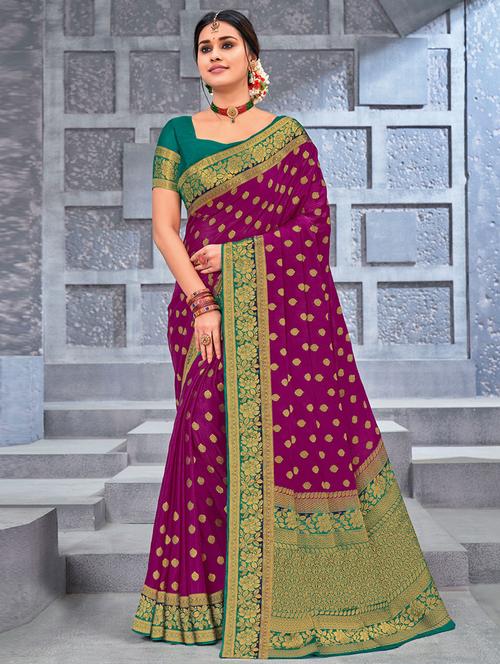 purple self design woven saree with blouse - 19529919 - Very Small Image - 1