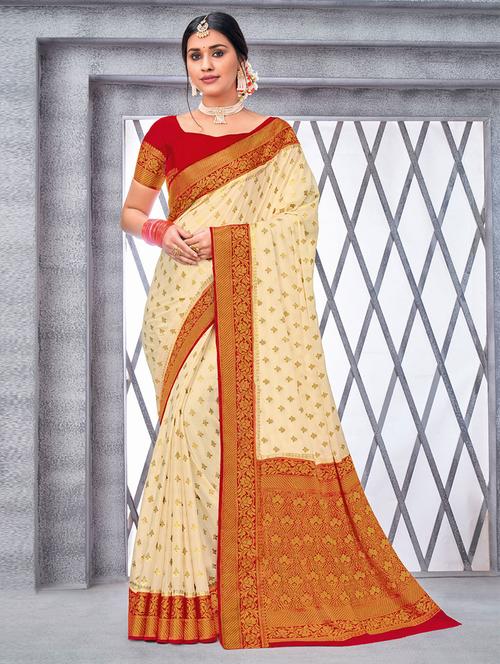 cream self design woven saree with blouse - 19529921 - Very Small Image - 1
