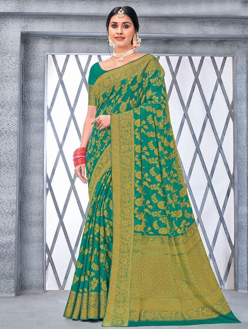 turquoise self design woven saree with blouse - 19529922 - Very Small Image - 1