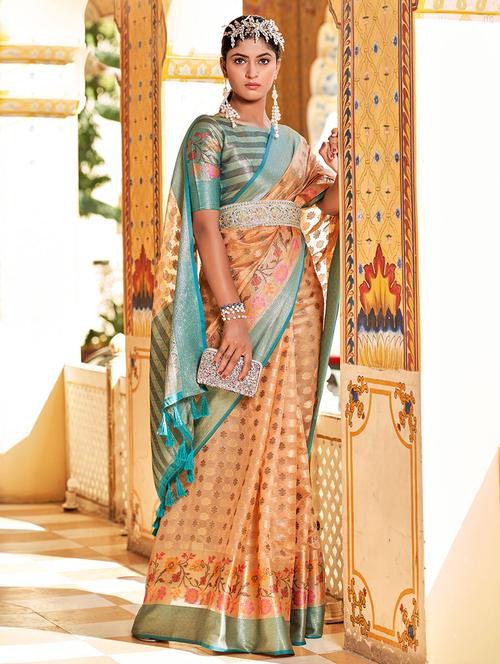 peach self design woven saree with blouse - 19529926 - Very Small Image - 1