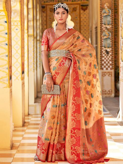 orange self design woven saree with blouse - 19529928 - Very Small Image - 1