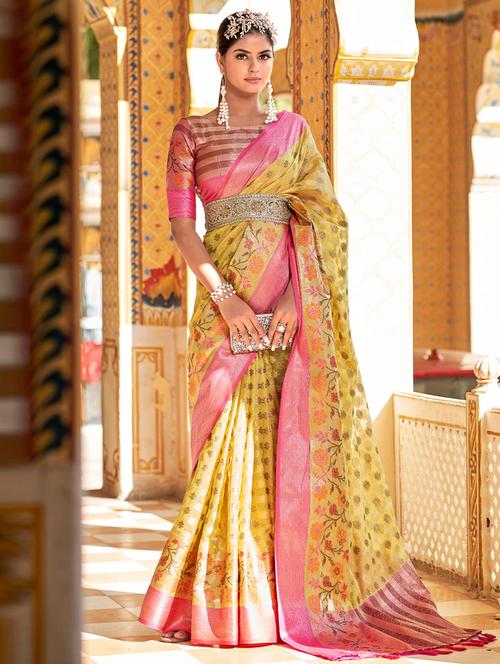 yellow self design woven saree with blouse - 19529929 - Very Small Image - 1
