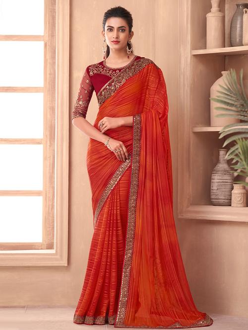 orange self design bordered saree with blouse - 19529946 - Very Small Image - 1