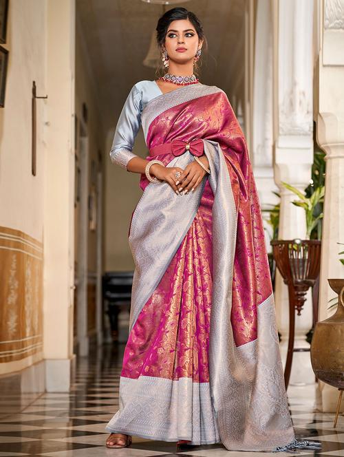 pink self design woven saree with blouse - 19529978 - Very Small Image - 1