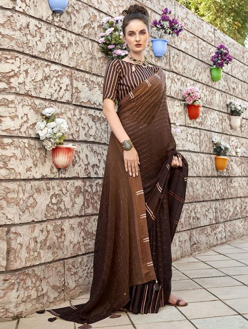 brown self design printed saree with blouse - 19530027 - Very Small Image - 1