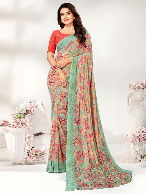 green printed saree with blouse - 19530053 - Very Small Image - 1