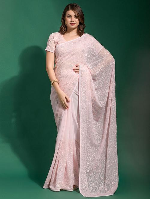 pink self design embroidered saree with blouse - 19530061 - Very Small Image - 1
