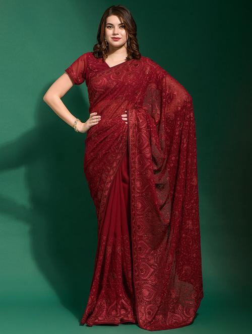 maroon self design embroidered saree with blouse - 19530065 - Very Small Image - 1
