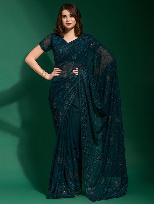 teal self design embroidered saree with blouse - 19530066 - Very Small Image - 1