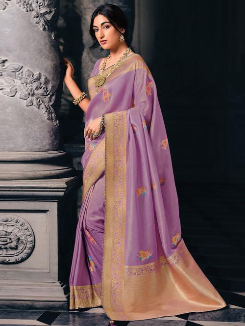 lavender self design woven saree with blouse - 19530073 - Very Small Image - 1