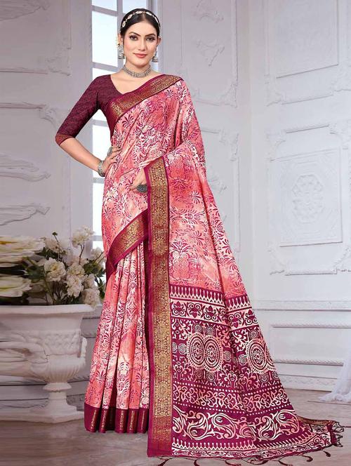 peach printed saree with blouse - 19530087 - Very Small Image - 1