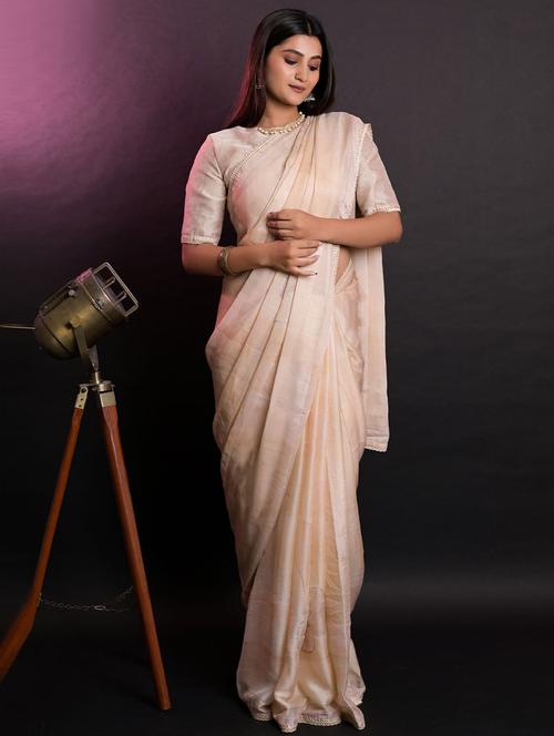 cream self design printed saree with blouse - 19530089 - Very Small Image - 1