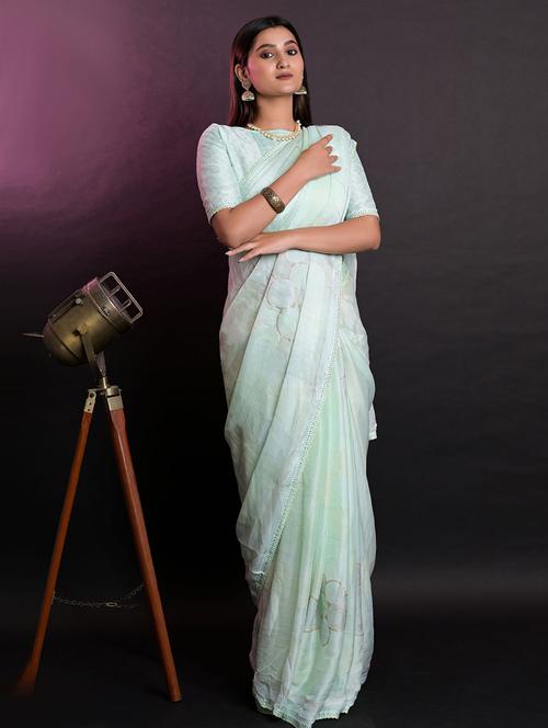 light green printed saree with blouse - 19530093 - Very Small Image - 1