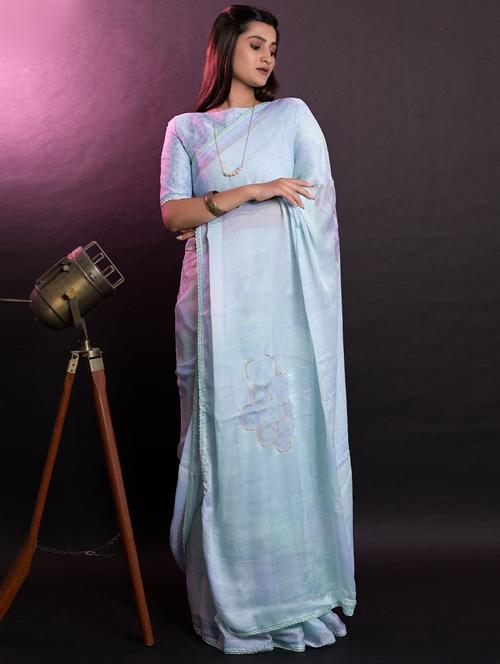 light blue printed saree with blouse - 19530095 - Very Small Image - 1