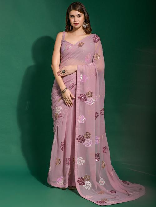 pink self design embroidered saree with blouse - 19530097 - Very Small Image - 1