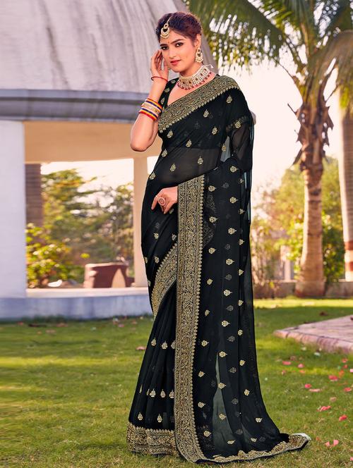 black self design bordered saree with blouse - 19530105 - Very Small Image - 1