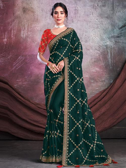green self design embroidered saree with blouse - 19530107 - Very Small Image - 1