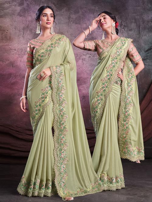 green self design embroidered saree with blouse - 19530113 - Very Small Image - 1