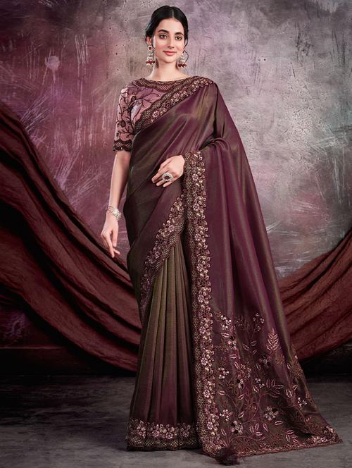 purple self design embroidered saree with blouse - 19530121 - Very Small Image - 1