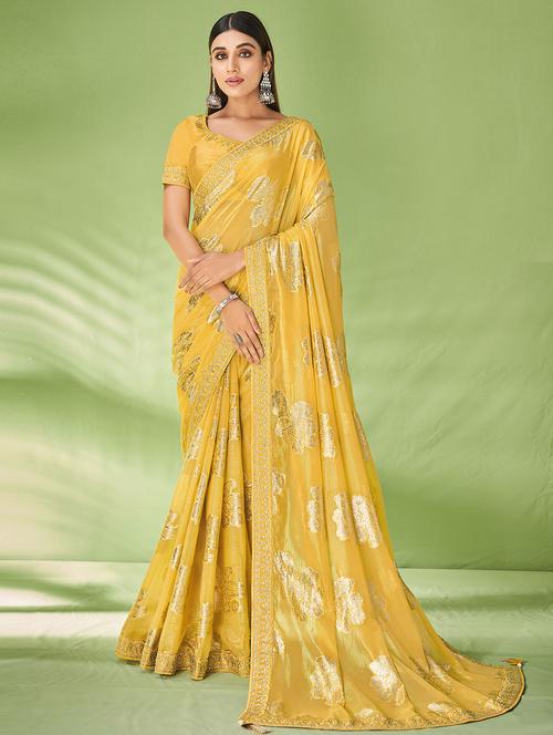 yellow printed saree with blouse - 19530130 - Very Small Image - 1