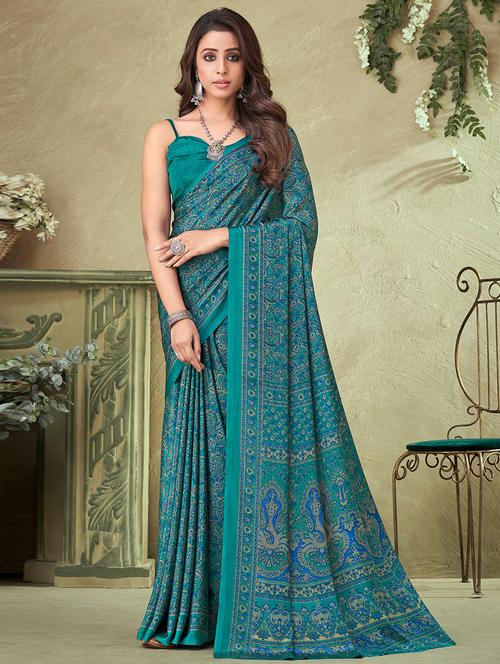 turquoise printed saree with blouse - 19530166 - Very Small Image - 1