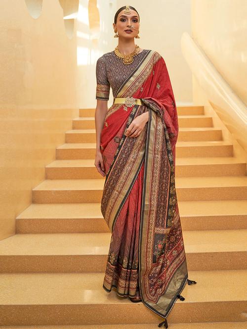 self design printed saree with blouse - 19530172 - Very Small Image - 1