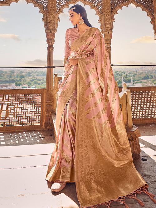peach self design woven saree with blouse - 19530194 - Very Small Image - 1
