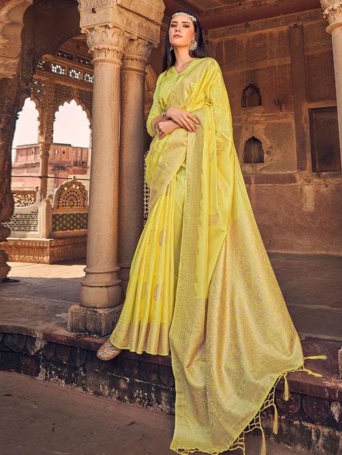 yellow self design woven saree with blouse - 19530195 - Very Small Image - 1