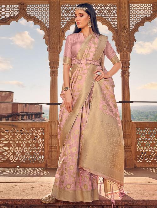 pink self design woven saree with blouse - 19530197 - Very Small Image - 1