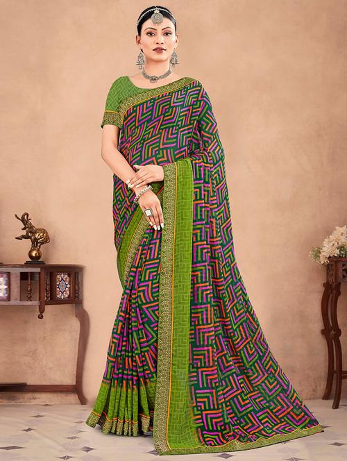 green printed saree with blouse - 19530228 - Very Small Image - 1