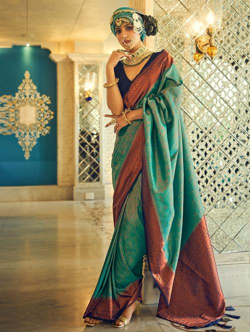 turquoise self design woven saree with blouse - 19530233 - Very Small Image - 1