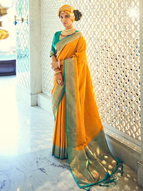 yellow self design woven saree with blouse - 19530236 - Very Small Image - 1