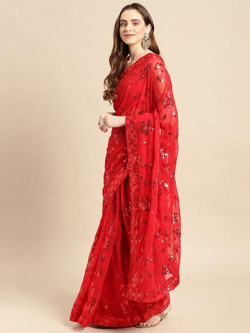 red self design embroidered saree with blouse - 19530249 - Very Small Image - 1