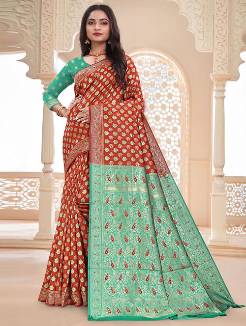 red self design woven saree with blouse - 19530260 - Very Small Image - 1