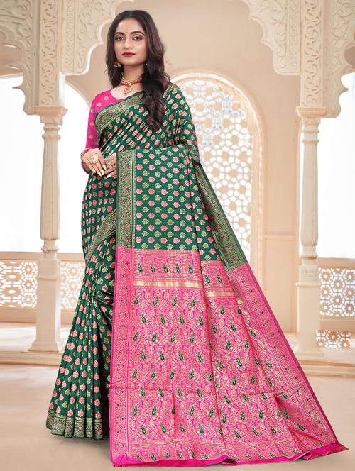 green self design woven saree with blouse - 19530263 - Very Small Image - 1