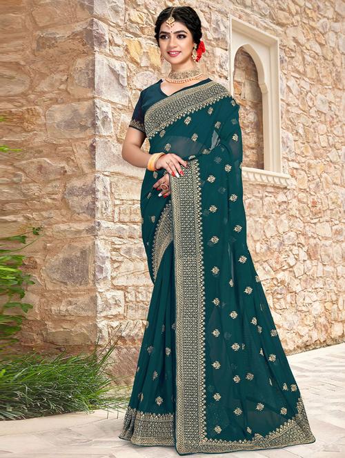 teal self design bordered saree with blouse - 19530264 - Very Small Image - 1