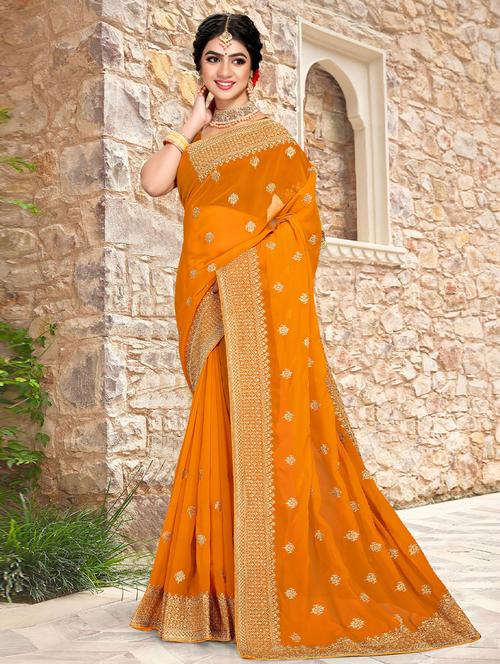 orange self design bordered saree with blouse - 19530266 - Very Small Image - 1