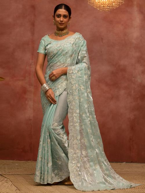 light blue self design embroidered saree with blouse - 19530288 - Very Small Image - 1
