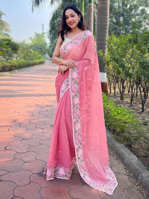 pink self design embroidered saree with blouse - 19530296 - Very Small Image - 1