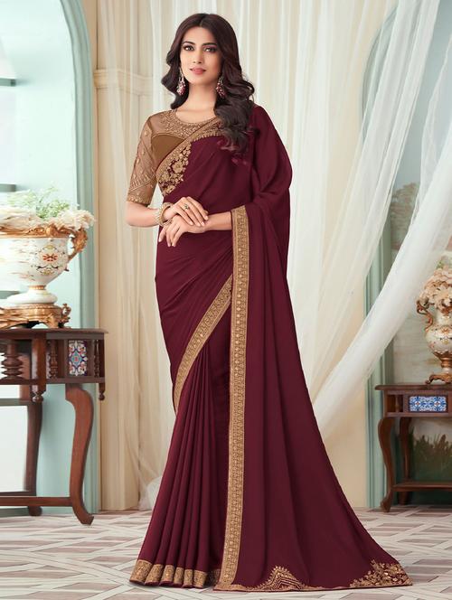 maroon self design bordered saree with blouse - 19530304 - Very Small Image - 1