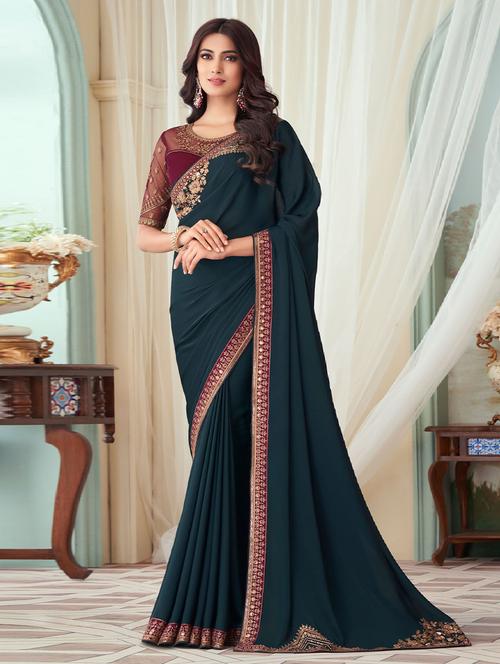 teal self design bordered saree with blouse - 19530305 - Very Small Image - 1