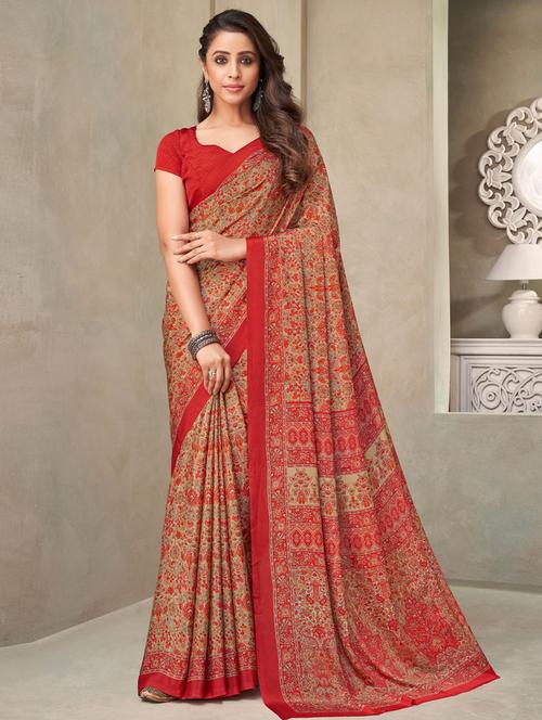 red printed saree with blouse - 19530328 - Very Small Image - 1