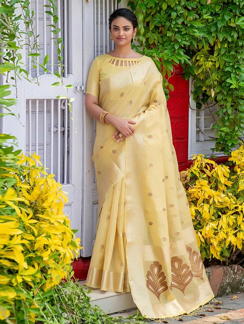 yellow self design woven saree with blouse - 19530364 - Very Small Image - 1