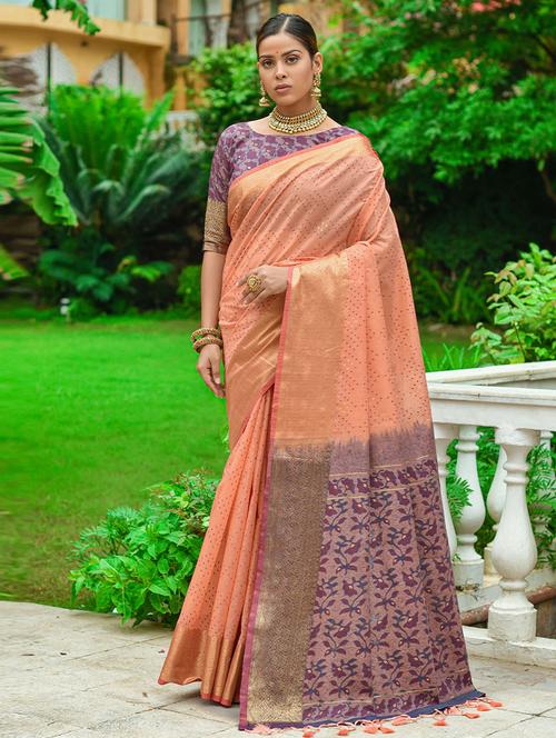 peach self design woven saree with blouse - 19530367 - Very Small Image - 1